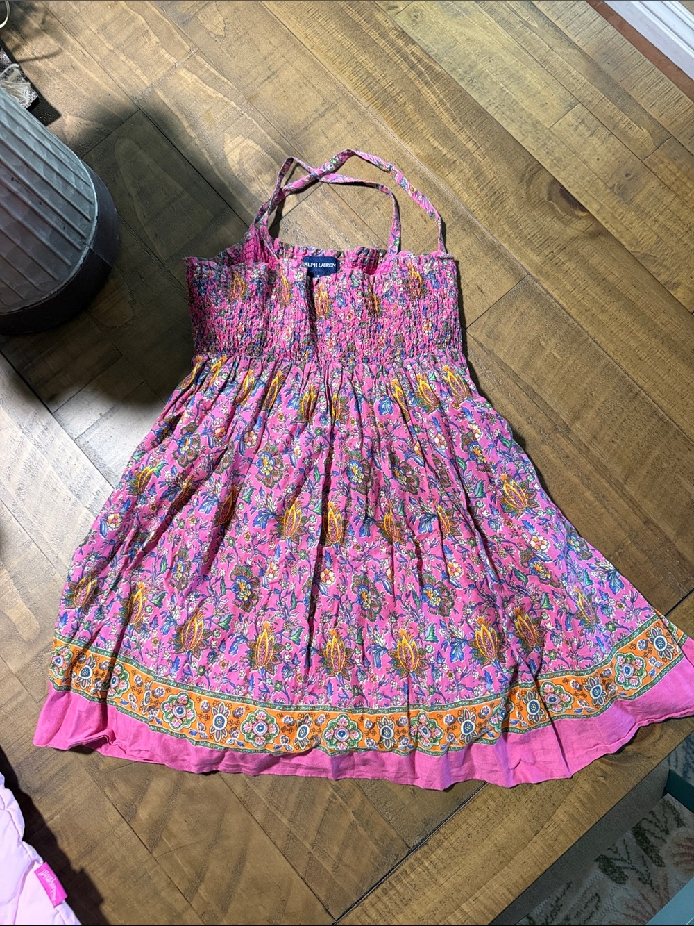 Ralph Lauren Girls' Bright Pink Smocked Dress with Floral Trim